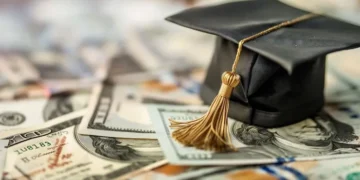 Higher education diploma and university campus background illustrating international student scholarships