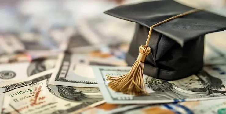 Higher education diploma and university campus background illustrating international student scholarships