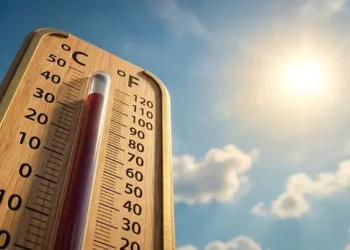 National Center of Meteorology weather station symbol against a sunlit skyline in the UAE