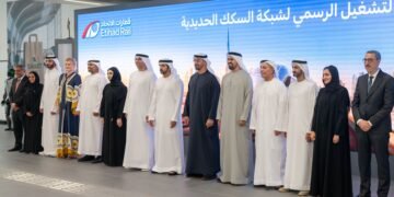 UAE President Sheikh Mohamed rides Etihad Rail from Abu Dhabi to inaugurate the Dubai Station. Passenger services between Abu Dhabi, Dubai, and Fujairah begin Sept 30 with tickets from AED 39.