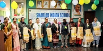 Principal Pramod Mahajan and Headmistress Thajunnisa Basheer felicitating senior teachers at Sharjah Indian School Ghubaiba.