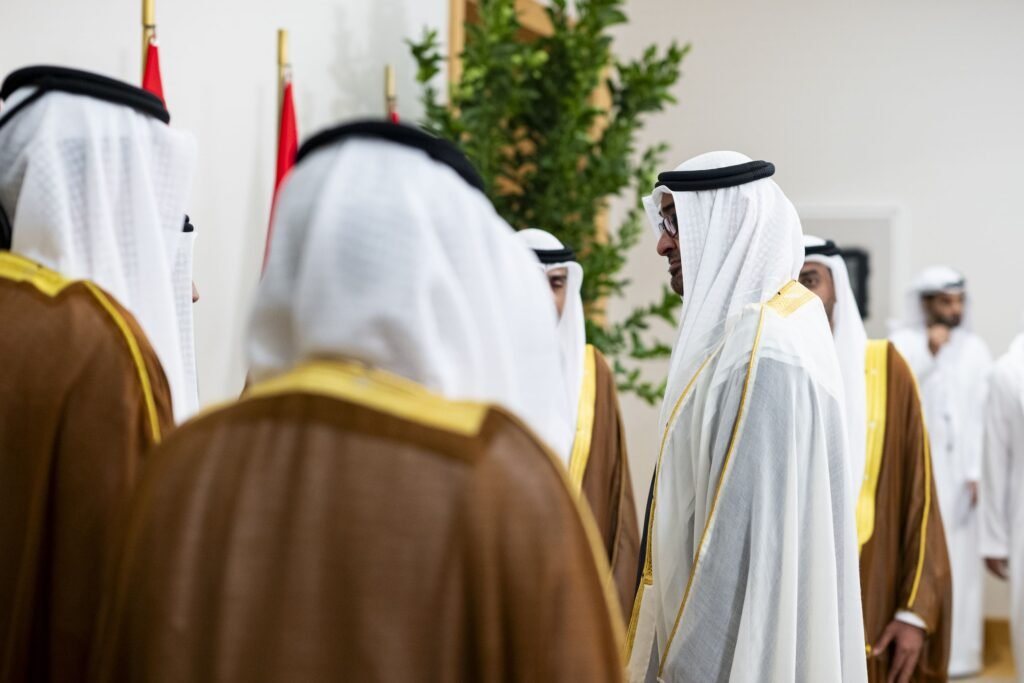 UAE President Sheikh Mohamed bin Zayed receives the oath of office from newly appointed ambassadors to Jordan, Hungary, Rwanda, Togo, Guyana, and Tajikistan.