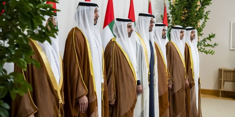 UAE President Sheikh Mohamed bin Zayed receives the oath of office from newly appointed ambassadors to Jordan, Hungary, Rwanda, Togo, Guyana, and Tajikistan.