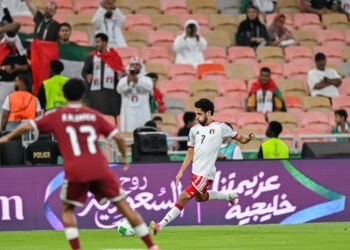 UAE and Qatar players in action during their 27th Arabian Gulf Cup Group B fixture at King Abdullah Sports City in Jeddah